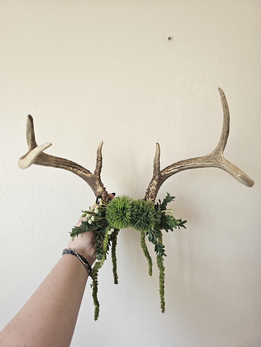 Decorative Antler Wall Mount with Green Floral Accents